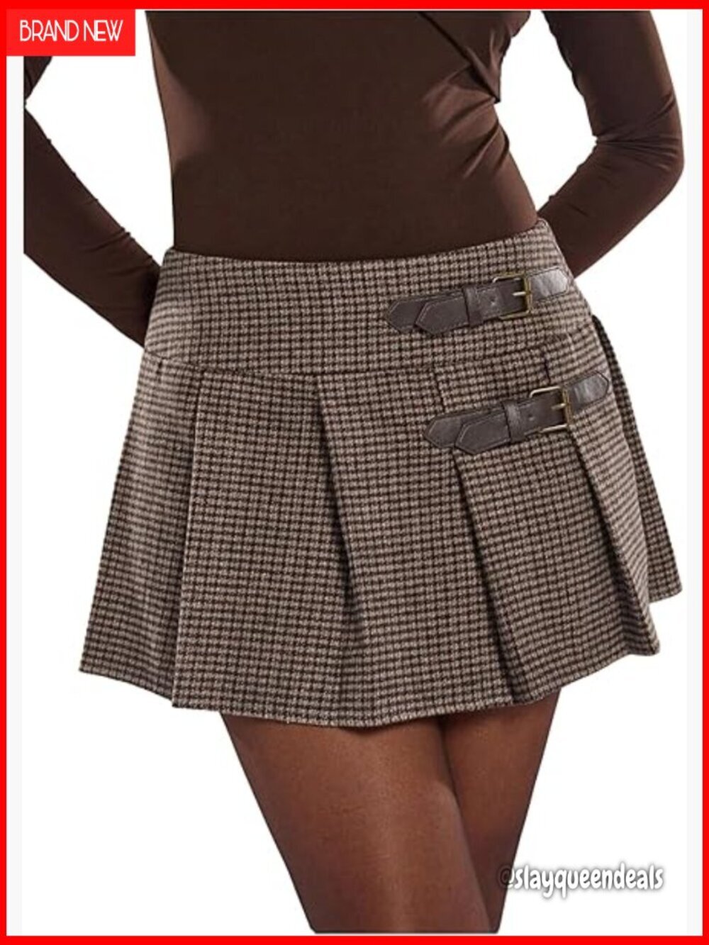 Plaid Mini Skirt Low Waist Tweed Pleated Belted Office Work